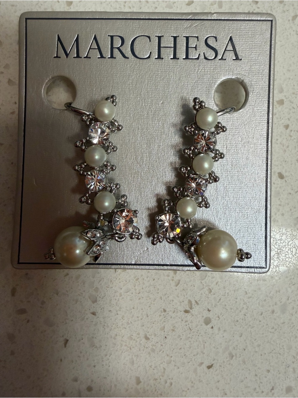 MARCHESA Silver-Tone Pearl and Crystal Linear Drop Earrings - Cream Pearls